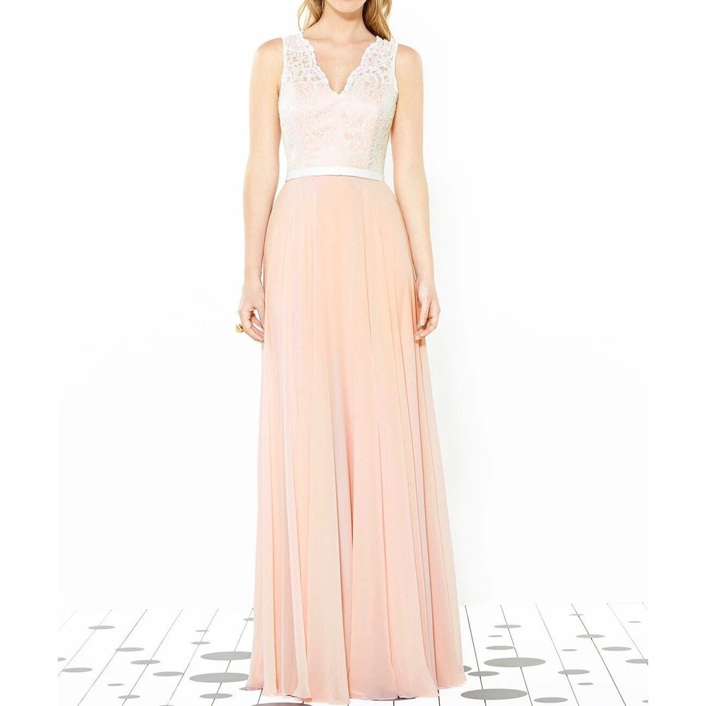 After Six Bridesmaid Dress Women 10 Blush Ivory Lace Chiffon V-Neck Gown 6715IV